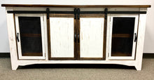 Load image into Gallery viewer, 72&quot; Barn Door w/ Metal Mesh TV Stand Distressed White w/ Tobacco Top
