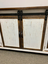 Load image into Gallery viewer, 80&quot; Barn Door w/ Metal Mesh TV Stand Distressed White w/ Tobacco Top
