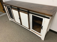Load image into Gallery viewer, 72&quot; Barn Door w/ Metal Mesh TV Stand Distressed White w/ Tobacco Top
