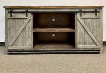 Load image into Gallery viewer, 72&quot; Promo Barn Door TV Stand Distressed Grey w/ Tobacco Top

