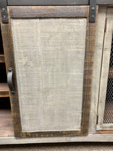 Load image into Gallery viewer, 80&quot; Barn Door w/ Metal Mesh TV Stand Distressed Grey w/ Tobacco Top
