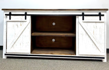 Load image into Gallery viewer, 72&quot; Promo Barn Door TV Stand Distressed White w/ Tobacco Top
