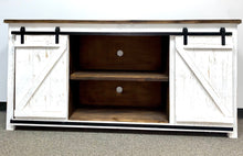 Load image into Gallery viewer, 80&quot; Promo Barn Door TV Stand Distressed White w/ Tobacco Top
