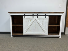 Load image into Gallery viewer, 72&quot; Promo Barn Door TV Stand Distressed White w/ Tobacco Top
