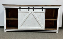 Load image into Gallery viewer, 72&quot; Promo Barn Door TV Stand Distressed White w/ Tobacco Top
