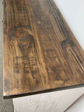 Load image into Gallery viewer, 72&quot; Promo Barn Door TV Stand Distressed White w/ Tobacco Top

