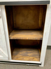 Load image into Gallery viewer, 72&quot; Promo Barn Door TV Stand Distressed White w/ Tobacco Top
