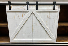 Load image into Gallery viewer, 72&quot; Promo Barn Door TV Stand Distressed White w/ Tobacco Top
