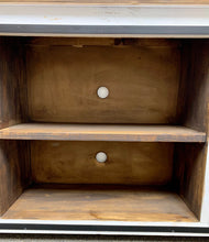 Load image into Gallery viewer, 72&quot; Promo Barn Door TV Stand Distressed White w/ Tobacco Top
