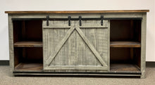 Load image into Gallery viewer, 80&quot; Promo Barn Door TV Stand Distressed Grey w/ Tobacco Top
