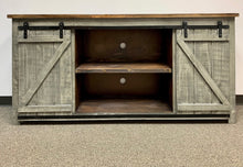 Load image into Gallery viewer, 80&quot; Promo Barn Door TV Stand Distressed Grey w/ Tobacco Top
