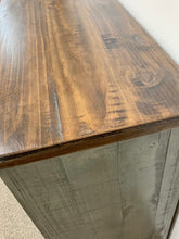 Load image into Gallery viewer, 80&quot; Promo Barn Door TV Stand Distressed Grey w/ Tobacco Top
