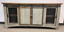 Load image into Gallery viewer, 80&quot; Barn Door w/ Metal Mesh TV Stand Distressed Grey w/ Tobacco Top
