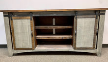 Load image into Gallery viewer, 80&quot; Barn Door w/ Metal Mesh TV Stand Distressed Grey w/ Tobacco Top
