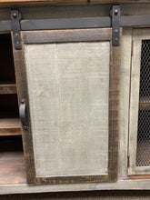 Load image into Gallery viewer, 80&quot; Barn Door w/ Metal Mesh TV Stand Distressed Grey w/ Tobacco Top
