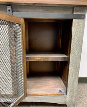 Load image into Gallery viewer, 80&quot; Barn Door w/ Metal Mesh TV Stand Distressed Grey w/ Tobacco Top

