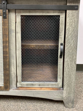 Load image into Gallery viewer, 80&quot; Barn Door w/ Metal Mesh TV Stand Distressed Grey w/ Tobacco Top
