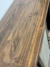 Load image into Gallery viewer, 80&quot; Barn Door w/ Metal Mesh TV Stand Distressed Grey w/ Tobacco Top
